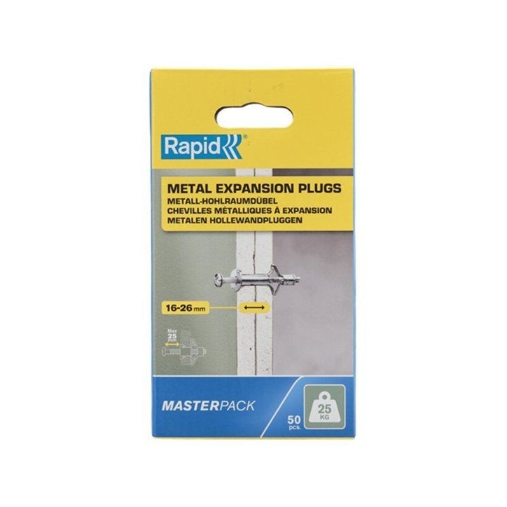 Chevilles a expansion métal pour cloison plâtre - RAPID - Ø8 - 16-26mm - Lot de 50 - Charge max 25 kg - 5001561