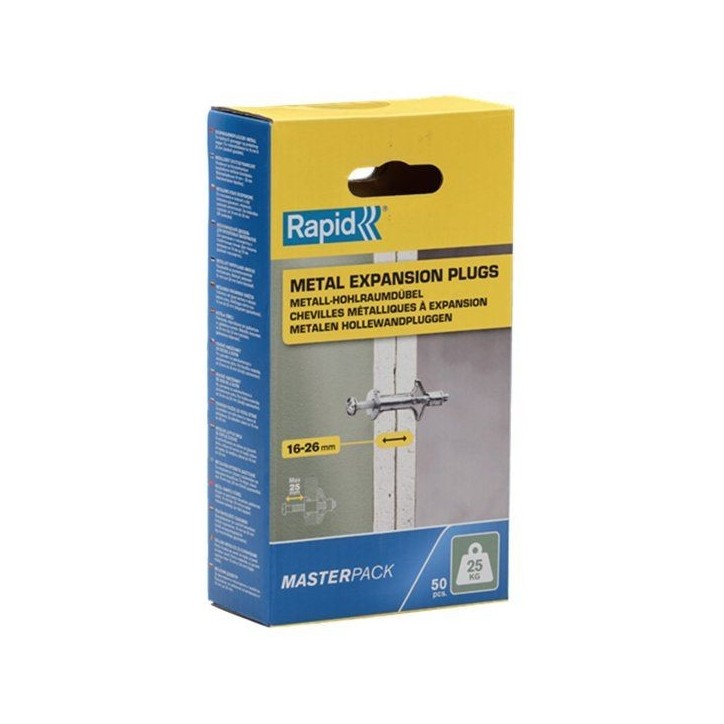Chevilles a expansion métal pour cloison plâtre - RAPID - Ø8 - 16-26mm - Lot de 50 - Charge max 25 kg - 5001561