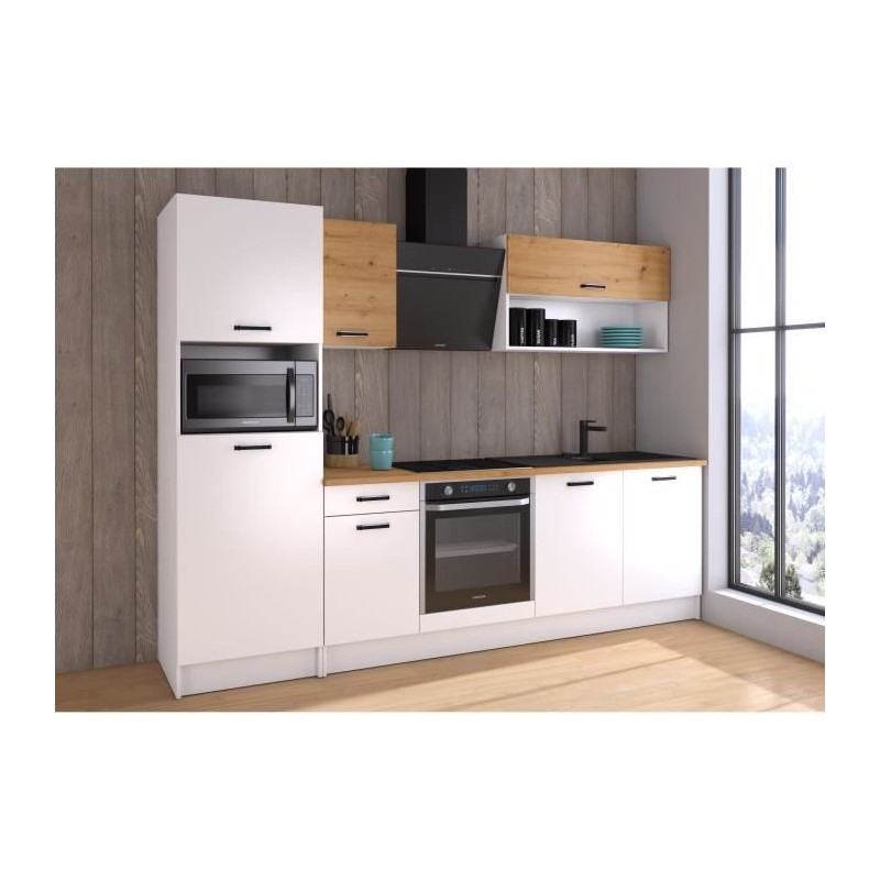 Cuisine complete PREGO - L 263 cm - Décor Blanc et Chene - Plan de tr Cuisine complete PREGO - L 263 cm - Décor Blanc et Chene - Plan de tr