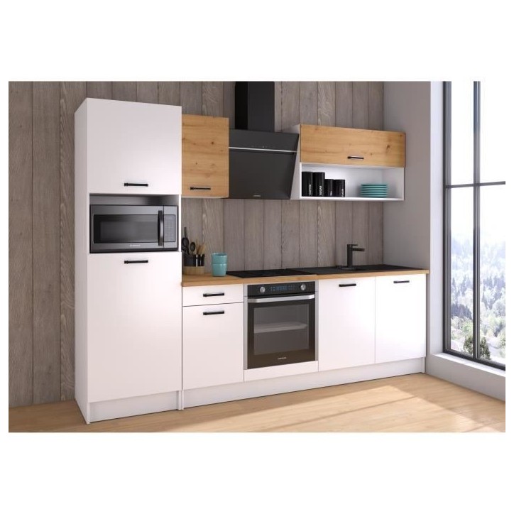 Cuisine complete PREGO - L 263 cm - Décor Blanc et Chene - Plan de travail 203 cm inclus Cuisine complete PREGO - L 263 cm - Décor Blanc et Chene - Plan de travail 203 cm inclus