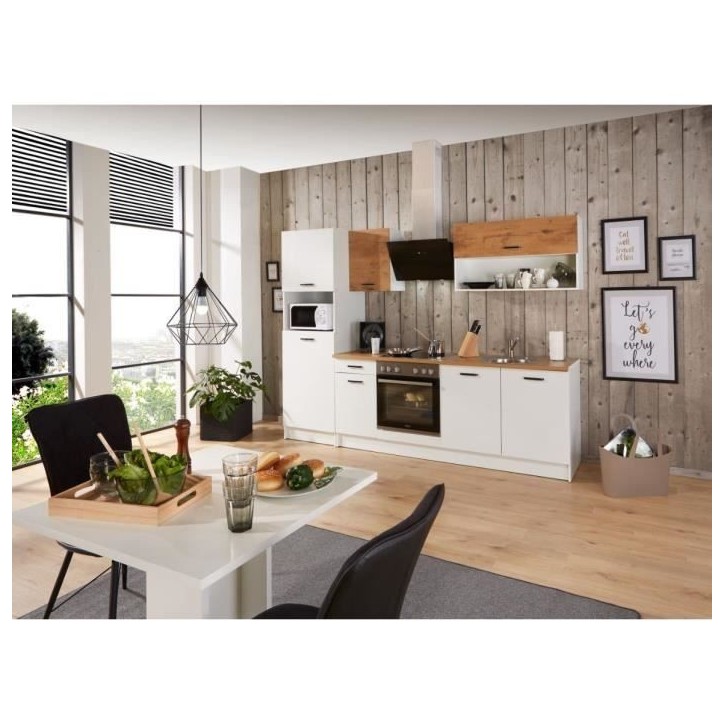 Cuisine complete PREGO - L 263 cm - Décor Blanc et Chene - Plan de travail 203 cm inclus Cuisine complete PREGO - L 263 cm - Décor Blanc et Chene - Plan de travail 203 cm inclus