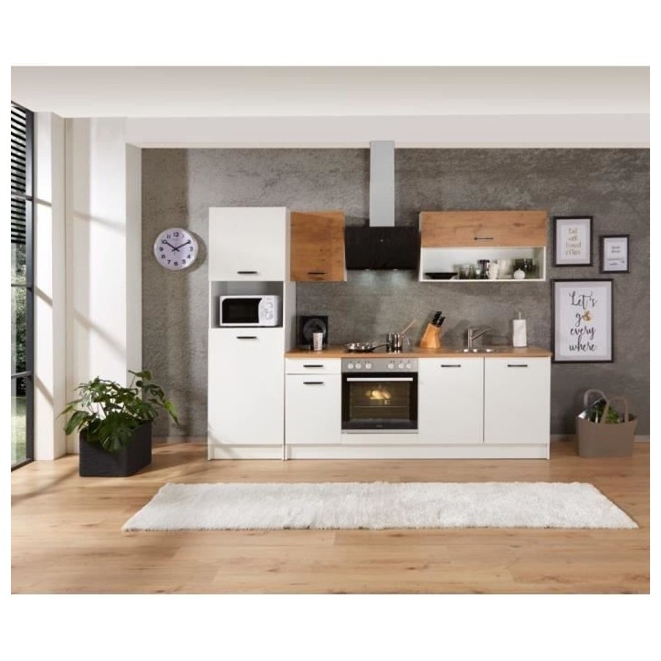 Cuisine complete PREGO - L 263 cm - Décor Blanc et Chene - Plan de travail 203 cm inclus Cuisine complete PREGO - L 263 cm - Décor Blanc et Chene - Plan de travail 203 cm inclus