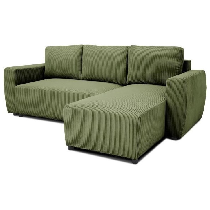 Canapé d'angle convertible réversible 3 / 4 places - PHARELL - Tissu velours côtelé Kaki - Coffre - 224 x 155 x 85 cm Canapé d'angle convertible réversible 3 / 4 places - PHARELL - Tissu velours côtelé Kaki - Coffre - 224 x 155 x 85 cm