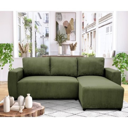 Canapé d'angle convertible réversible 3 / 4 places - PHARELL - Tissu velours côtelé Kaki - Coffre - 224 x 155 x 85 cm