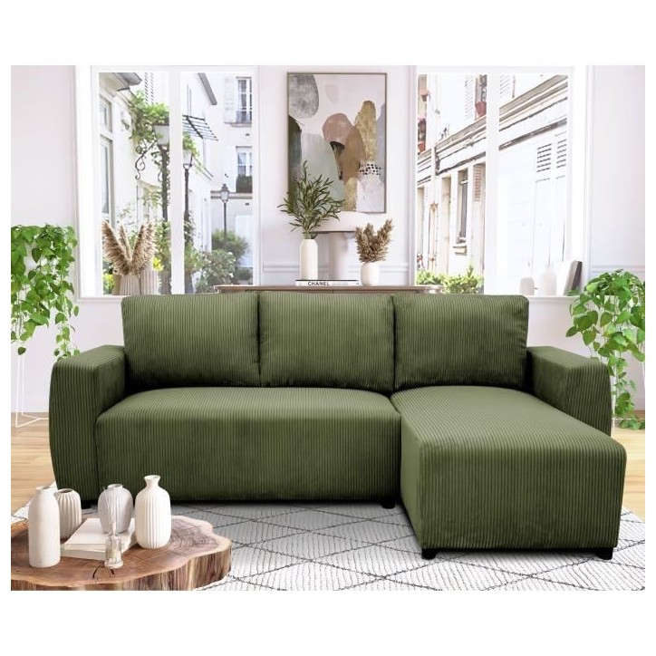 Canapé d'angle convertible réversible 3 / 4 places - PHARELL - Tissu velours côtelé Kaki - Coffre - 224 x 155 x 85 cm Canapé d'angle convertible réversible 3 / 4 places - PHARELL - Tissu velours côtelé Kaki - Coffre - 224 x 155 x 85 cm