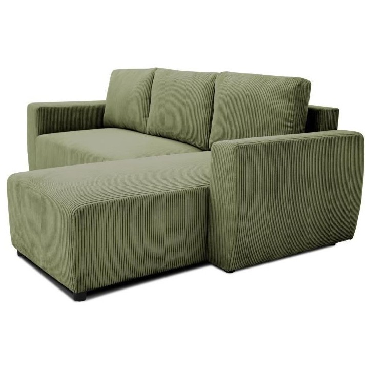 Canapé d'angle convertible réversible 3 / 4 places - PHARELL - Tissu velours côtelé Kaki - Coffre - 224 x 155 x 85 cm Canapé d'angle convertible réversible 3 / 4 places - PHARELL - Tissu velours côtelé Kaki - Coffre - 224 x 155 x 85 cm