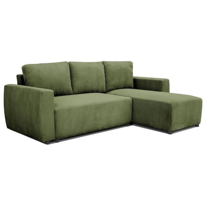 Canapé d'angle convertible réversible 3 / 4 places - PHARELL - Tissu velours côtelé Kaki - Coffre - 224 x 155 x 85 cm Canapé d'angle convertible réversible 3 / 4 places - PHARELL - Tissu velours côtelé Kaki - Coffre - 224 x 155 x 85 cm