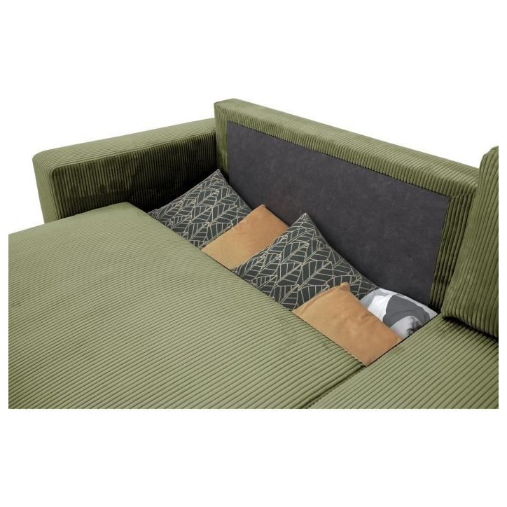 Canapé d'angle convertible réversible 3 / 4 places - PHARELL - Tissu velours côtelé Kaki - Coffre - 224 x 155 x 85 cm Canapé d'angle convertible réversible 3 / 4 places - PHARELL - Tissu velours côtelé Kaki - Coffre - 224 x 155 x 85 cm