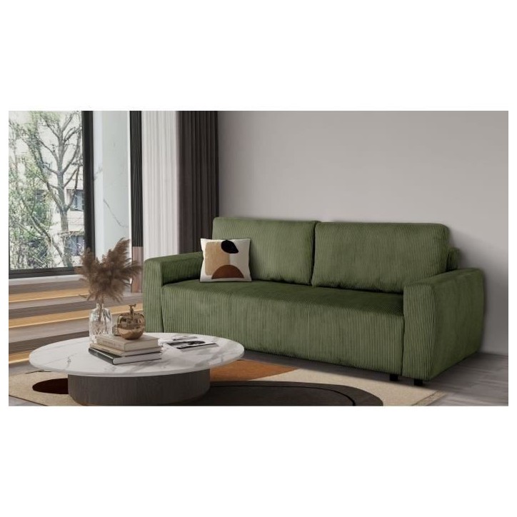 Canapé convertible - 3 places - PHARELL - Tissu Velours côtelé Kaki - Coffre - 231 x 84 x 91 cm Canapé convertible - 3 places - PHARELL - Tissu Velours côtelé Kaki - Coffre - 231 x 84 x 91 cm