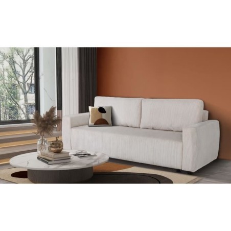 Canapé convertible - 3 places - PHARELL - Tissu Velours côtelé Beige - Coffre - 231 x 84 x 91 cm