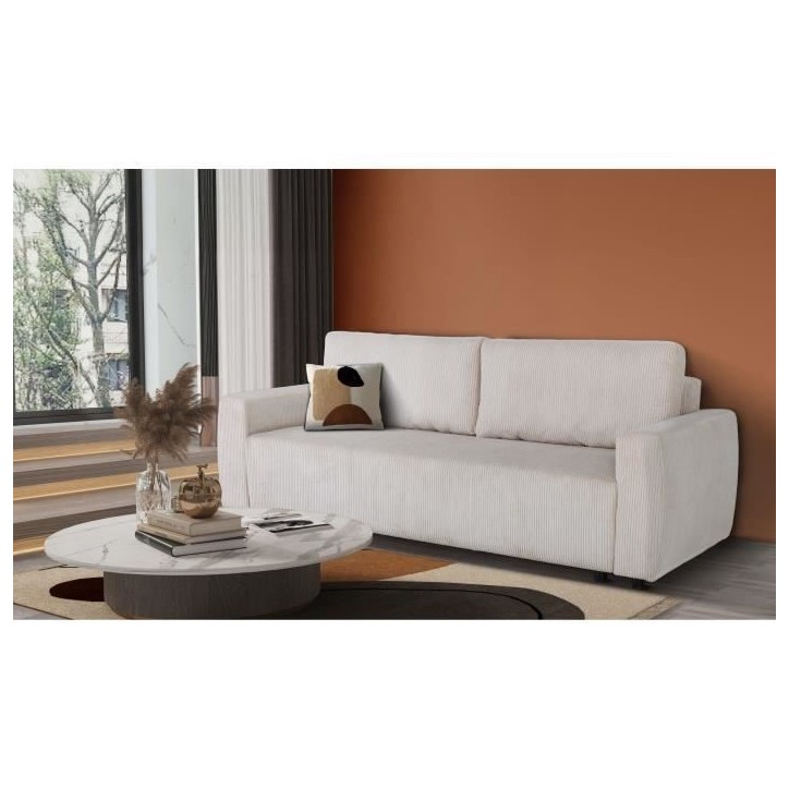 Canapé convertible - 3 places - PHARELL - Tissu Velours côtelé Beige - Coffre - 231 x 84 x 91 cm Canapé convertible - 3 places - PHARELL - Tissu Velours côtelé Beige - Coffre - 231 x 84 x 91 cm