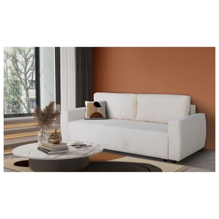 Canapé convertible - 3 places - PHARELL - Tissu Bouclette Beige - Coffre - 231 x 91 x 84 cm Canapé convertible - 3 places - PHARELL - Tissu Bouclette Beige - Coffre - 231 x 91 x 84 cm