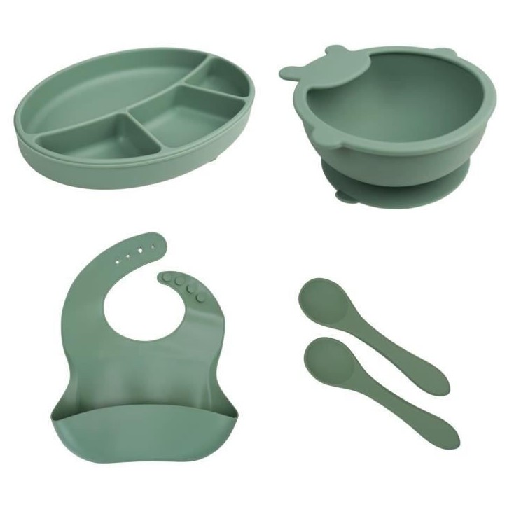 Pack Repas - THERMOBABY - Silicone - Vert Cactus - Assiette, bol, bavoir et cuilleres