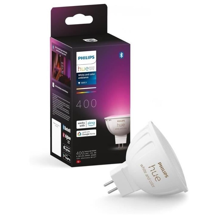 Ampoule connectée - PHILIPS HUE - MR16 - Lumiere blanche et colorée - Compatible bluetooth - Fonctionne avec App et voix Ampoule connectée - PHILIPS HUE - MR16 - Lumiere blanche et colorée - Compatible bluetooth - Fonctionne avec App et voix