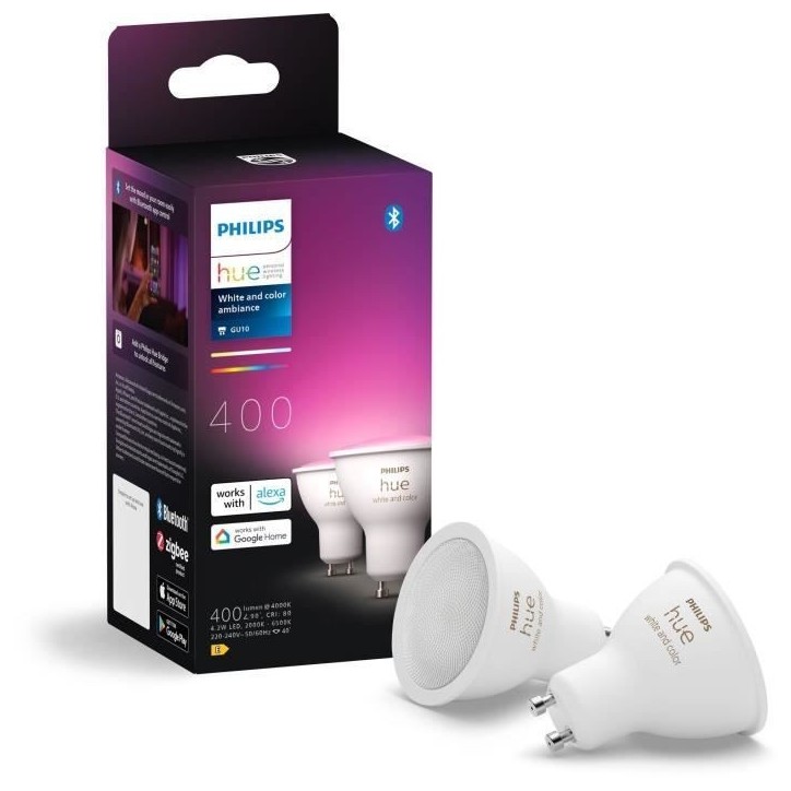 Ampoules LED connectées de marque PHILIPS, offrant une luminosité ajustable et une large gamme de couleurs. Ampoules LED connectées de marque PHILIPS, offrant une luminosité ajustable et une large gamme de couleurs.