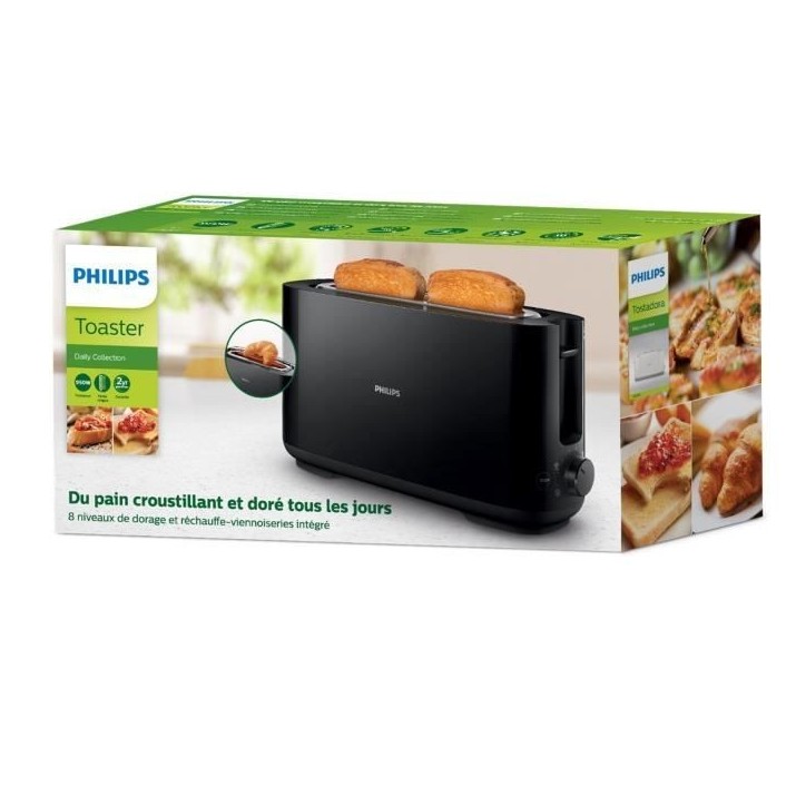Grille-pain – PHILIPS - Daily Collection – Design a fente longue - 8 réglages - Ramasse-miettes amovible - Noir