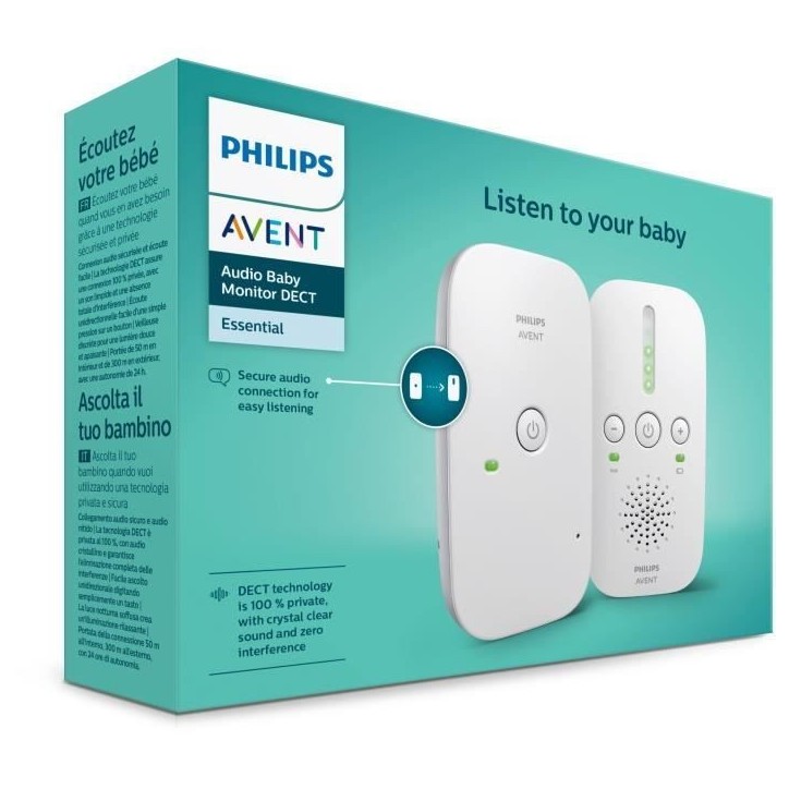 Ecoute-bébé SCD 502/26 - PHILIPS AVENT - Audio DECT - Gris/Blanc - Portée 300m - Volume réglable - Autonomie 24h