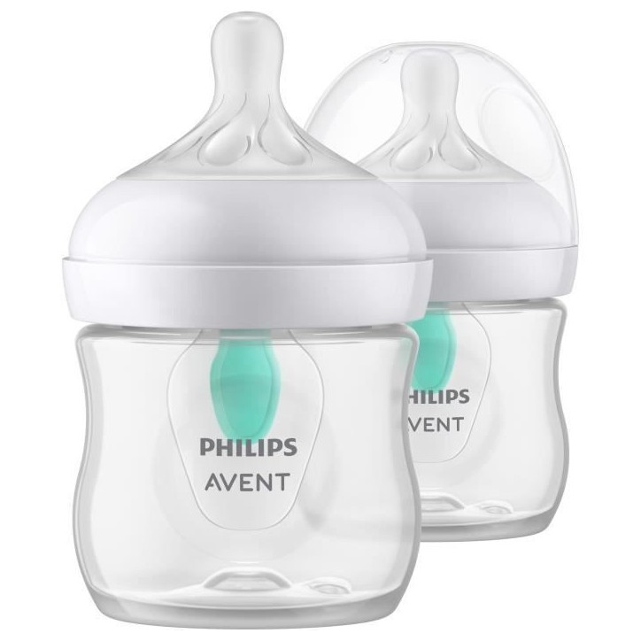 Lot de 2 biberons - PHILIPS AVENT- Natural 3.0 - Anti-colique - 125 ml - AirFree - Tétine imitant la forme du sein - Blanc