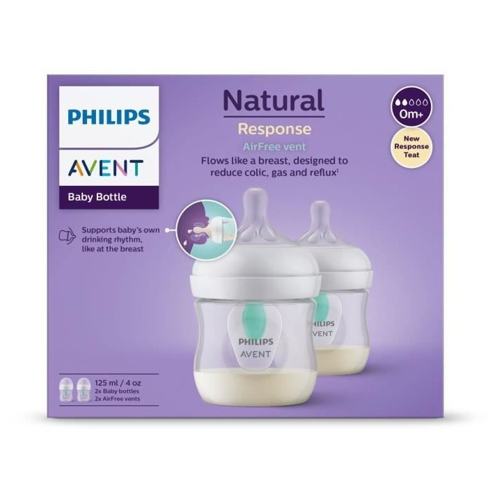 Lot de 2 biberons - PHILIPS AVENT- Natural 3.0 - Anti-colique - 125 ml - AirFree - Tétine imitant la forme du sein - Blanc