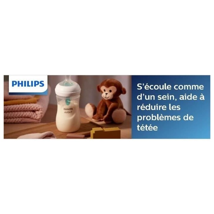 Lot de 2 biberons - PHILIPS AVENT- Natural 3.0 - Anti-colique - 125 ml - AirFree - Tétine imitant la forme du sein - Blanc