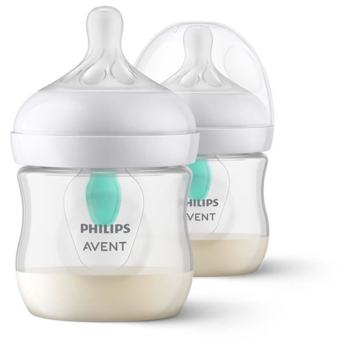 Lot de 2 biberons - PHILIPS AVENT- Natural 3.0 - Anti-colique - 125 ml - AirFree - Tétine imitant la forme du sein - Blanc