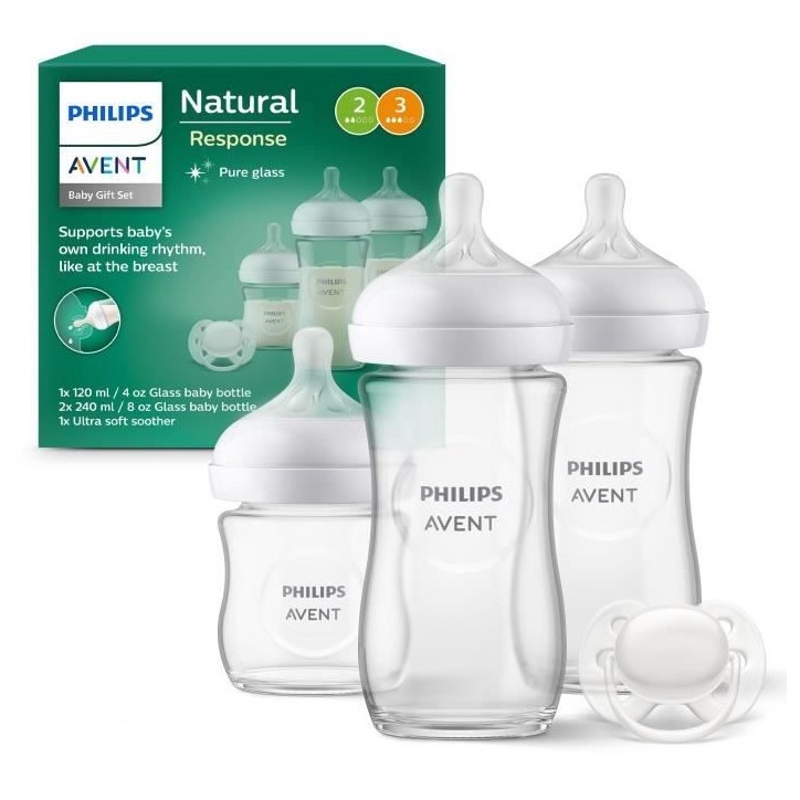 Kit nouveau-né - PHILIPS AVENT - Natural Verre 3.0 - Biberon Verre 120ml + 2 Biberons 240ml + Sucettes Ultra Douce 0-6M Kit nouveau-né - PHILIPS AVENT - Natural Verre 3.0 - Biberon Verre 120ml + 2 Biberons 240ml + Sucettes Ultra Douce 0-6M