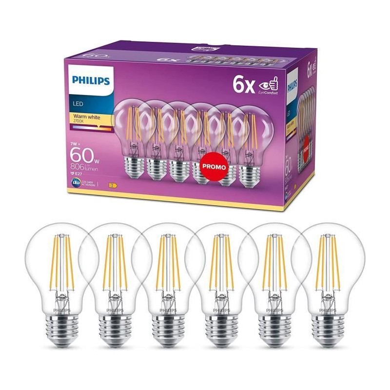 Philips, pack de 6 ampoules E27 LED transparentes 60W, blanc chaud Philips, pack de 6 ampoules E27 LED transparentes 60W, blanc chaud