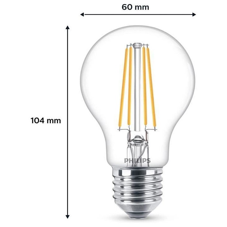Philips, pack de 6 ampoules E27 LED transparentes 60W, blanc chaud