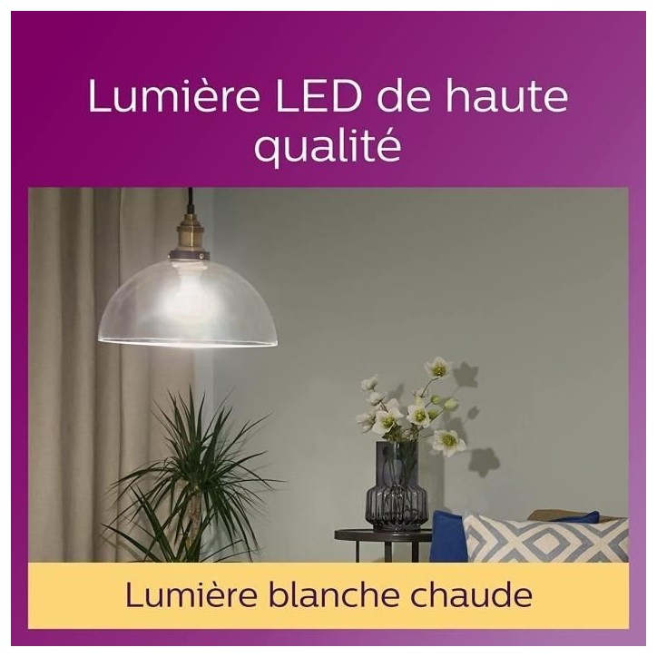 Philips, pack de 6 ampoules E27 LED transparentes 60W, blanc chaud