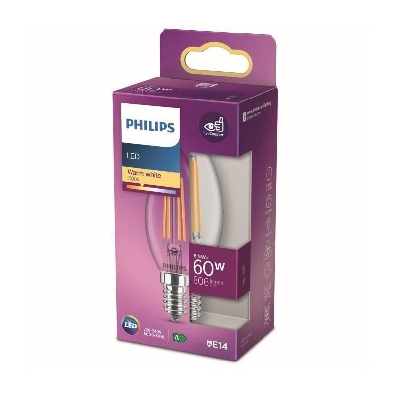 Ampoule LED Philips Equivalent 60W E14 Blanc chaud Non dimmable - Verr Ampoule LED Philips Equivalent 60W E14 Blanc chaud Non dimmable - Verr