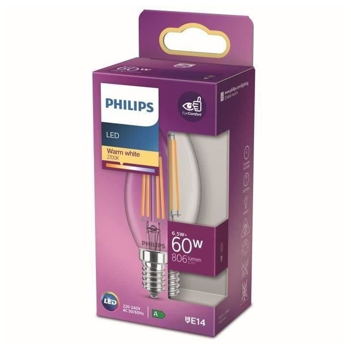 Ampoule LED Philips Equivalent 60W E14 Blanc chaud Non dimmable - Verre
