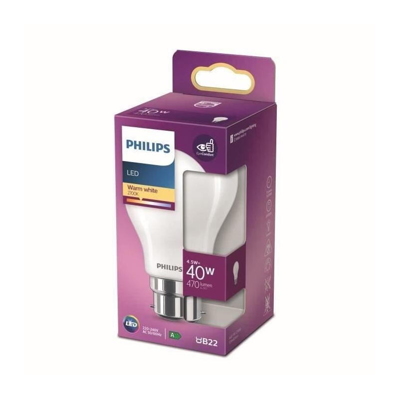Philips ampoule LED Equivalent 40W B22 Blanc chaud non dimmable, verre Philips ampoule LED Equivalent 40W B22 Blanc chaud non dimmable, verre