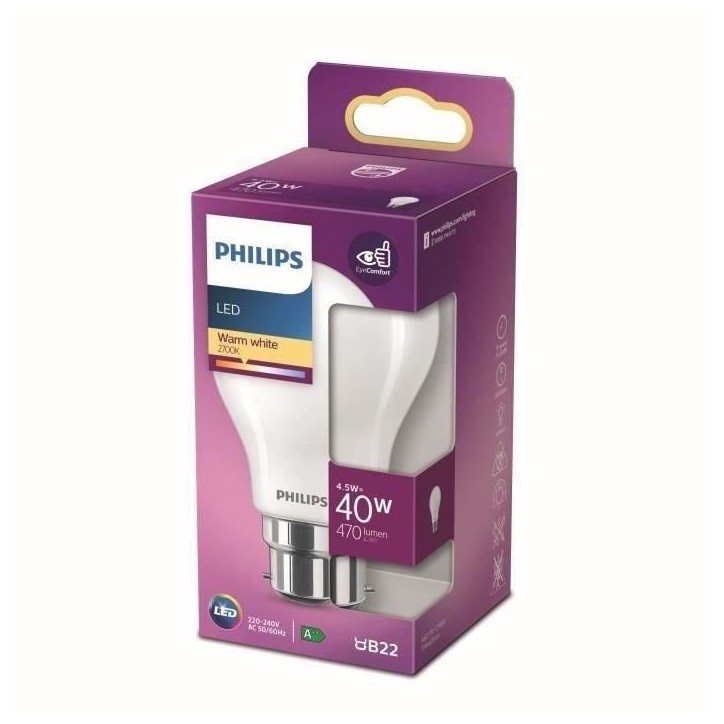 Philips ampoule LED Equivalent 40W B22 Blanc chaud non dimmable, verre Philips ampoule LED Equivalent 40W B22 Blanc chaud non dimmable, verre