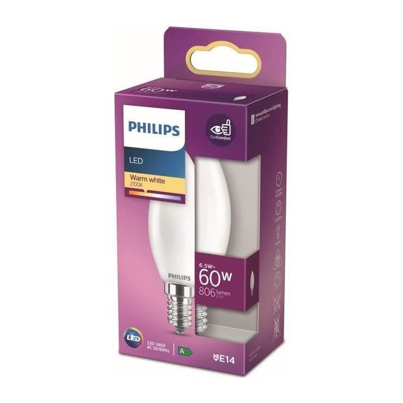Ampoule LED - PHILIPS - Non dimmable - E14 - 60W - Blanc Chaud Ampoule LED - PHILIPS - Non dimmable - E14 - 60W - Blanc Chaud