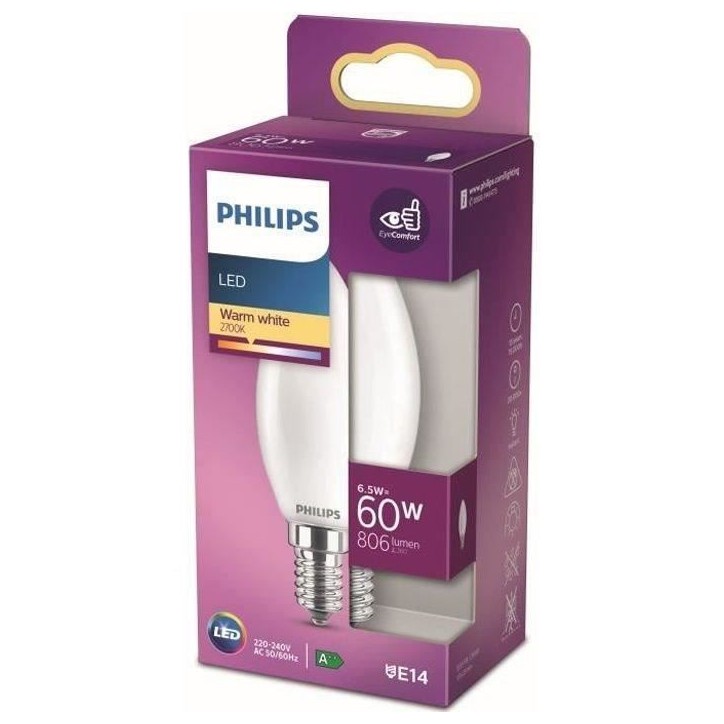 Ampoule LED - PHILIPS - Non dimmable - E14 - 60W - Blanc Chaud