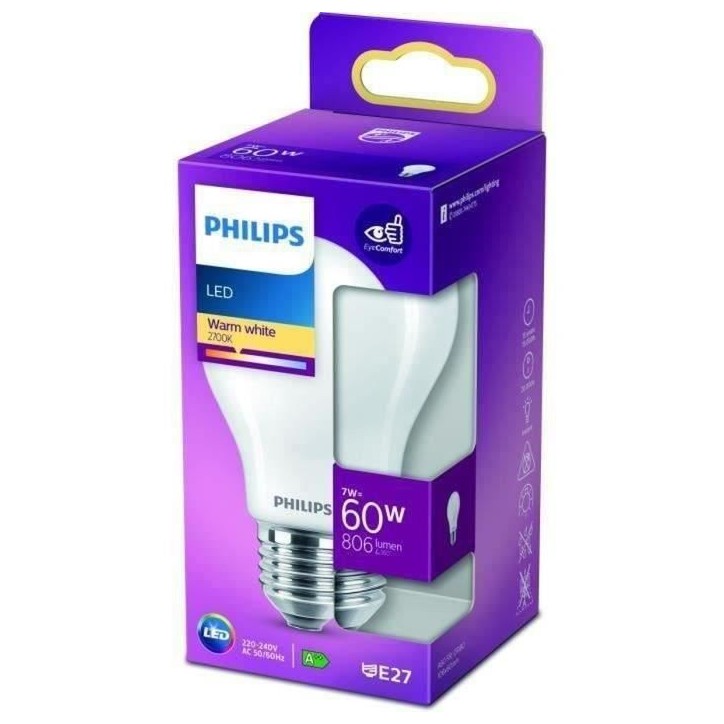 Ampoule standard LED PHILIPS Non dimmable - Verre dépoli - E27 - 60W - Blanc Chaud Ampoule standard LED PHILIPS Non dimmable - Verre dépoli - E27 - 60W - Blanc Chaud