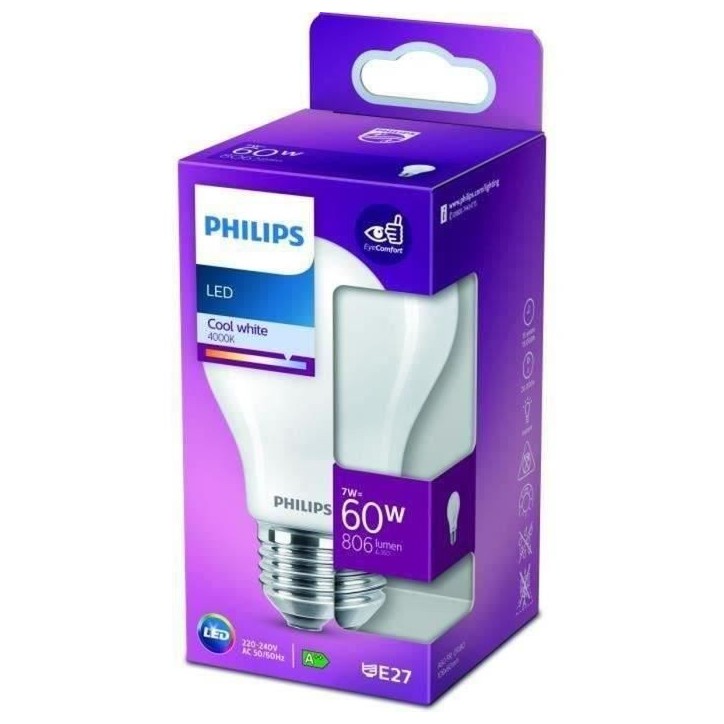 Ampoule LED PHILIPS Non dimmable - E27 - 60W - Blanc Froid