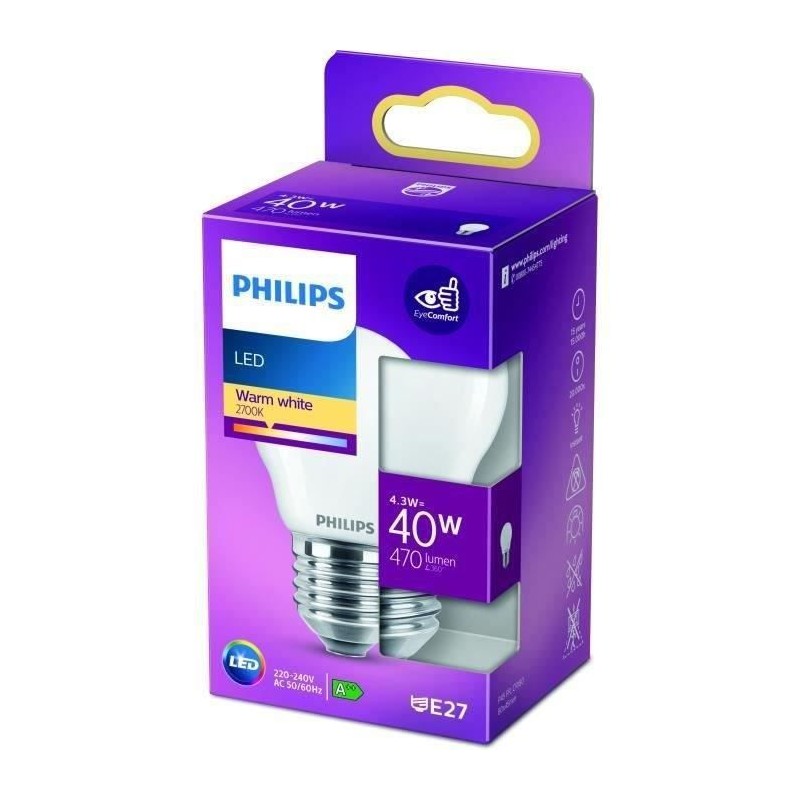 PHILIPS LED Classic 40W Sphérique E27 Blanc Chaud Dépolie Non Dimmab PHILIPS LED Classic 40W Sphérique E27 Blanc Chaud Dépolie Non Dimmab