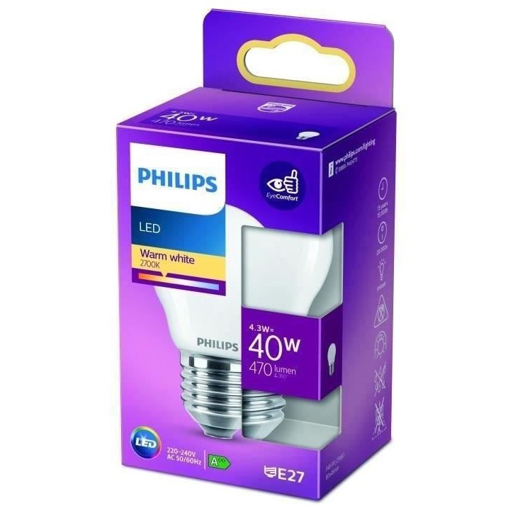 PHILIPS LED Classic 40W Sphérique E27 Blanc Chaud Dépolie Non Dimmable