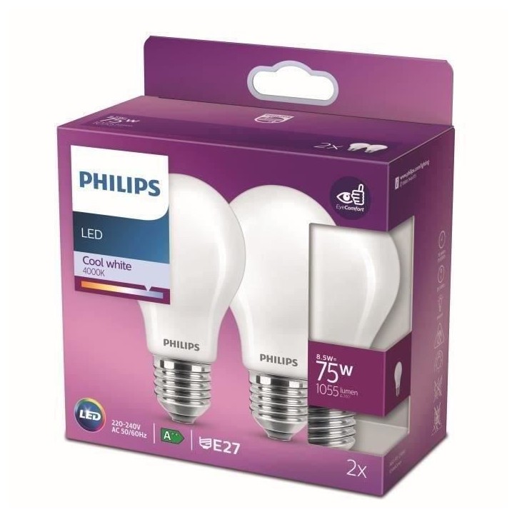 Philips ampoule LED Equivalent 75W E27 Blanc froid non dimmable, verre, lot de 2 Philips ampoule LED Equivalent 75W E27 Blanc froid non dimmable, verre, lot de 2