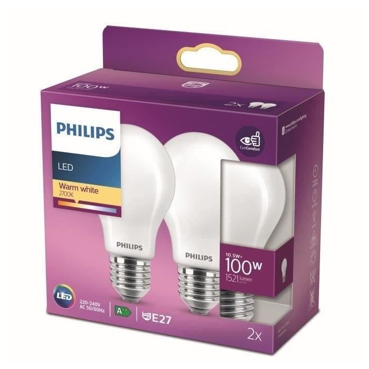 Philips ampoule LED Equivalent100W E27 Blanc chaud non dimmable, verre, lot de 2 Philips ampoule LED Equivalent100W E27 Blanc chaud non dimmable, verre, lot de 2