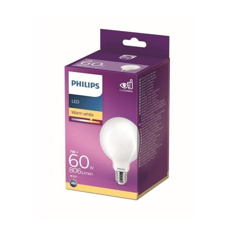 Philips ampoule LED Equivalent 60W E27 Blanc chaud non dimmable, verre Philips ampoule LED Equivalent 60W E27 Blanc chaud non dimmable, verre