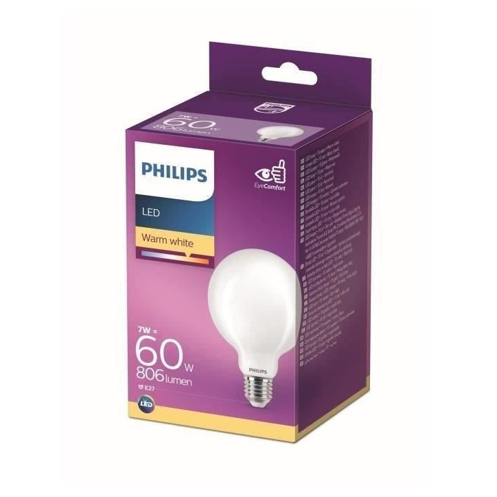 Philips ampoule LED Equivalent 60W E27 Blanc chaud non dimmable, verre Philips ampoule LED Equivalent 60W E27 Blanc chaud non dimmable, verre