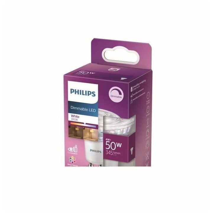 Philips Ampoule LED Equivalent 50W GU10, Dimmable, Verre Philips Ampoule LED Equivalent 50W GU10, Dimmable, Verre