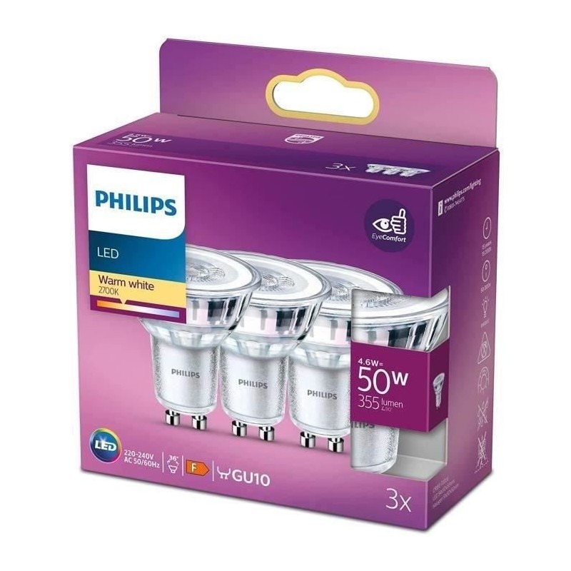 Ampoules LED GU10 Philips - Pack de 3 - 50W - Blanc chaud - Éclairage Ampoules LED GU10 Philips - Pack de 3 - 50W - Blanc chaud - Éclairage