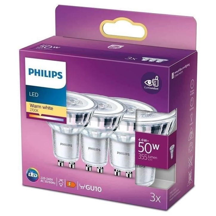 Ampoules LED GU10 Philips - Pack de 3 - 50W - Blanc chaud - Éclairage intérieur Ampoules LED GU10 Philips - Pack de 3 - 50W - Blanc chaud - Éclairage intérieur