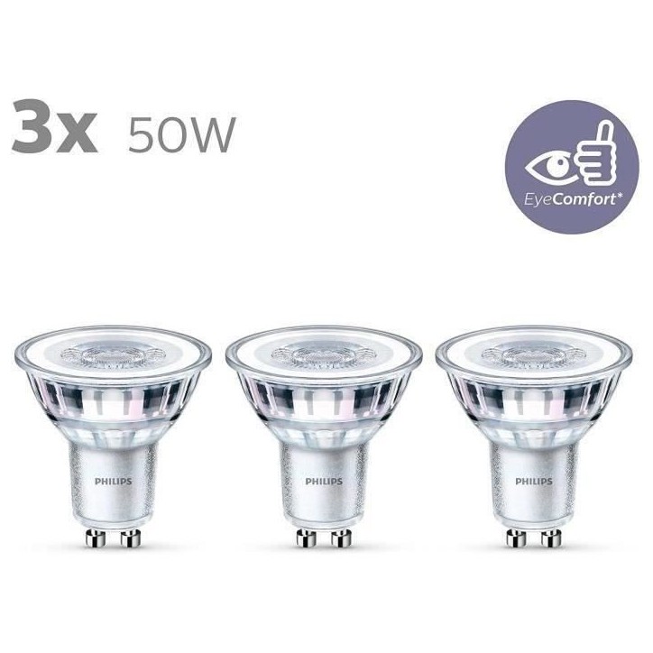 Ampoules LED GU10 Philips - Pack de 3 - 50W - Blanc chaud - Éclairage intérieur Ampoules LED GU10 Philips - Pack de 3 - 50W - Blanc chaud - Éclairage intérieur