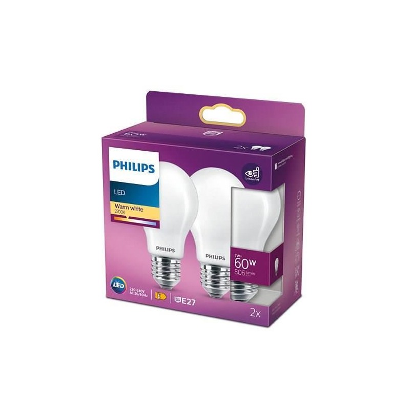 PHILIPS LED Classic 60W Standard E27 Blanc Chaud Non Dimmable Lot de 2 PHILIPS LED Classic 60W Standard E27 Blanc Chaud Non Dimmable Lot de 2