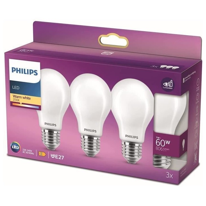 Ampoules LED Philips - Pack de 3 - 60W - Blanc chaud Ampoules LED Philips - Pack de 3 - 60W - Blanc chaud