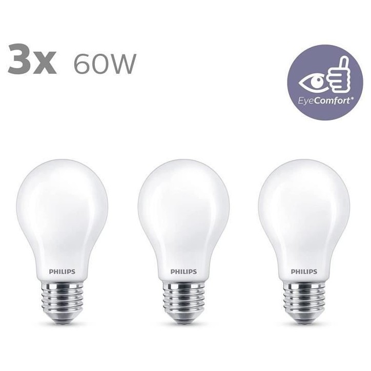 Ampoules LED Philips - Pack de 3 - 60W - Blanc chaud Ampoules LED Philips - Pack de 3 - 60W - Blanc chaud